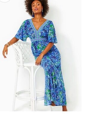 Lilly Pulitzer Blue & Green Floral V-Neck Maxi Dress